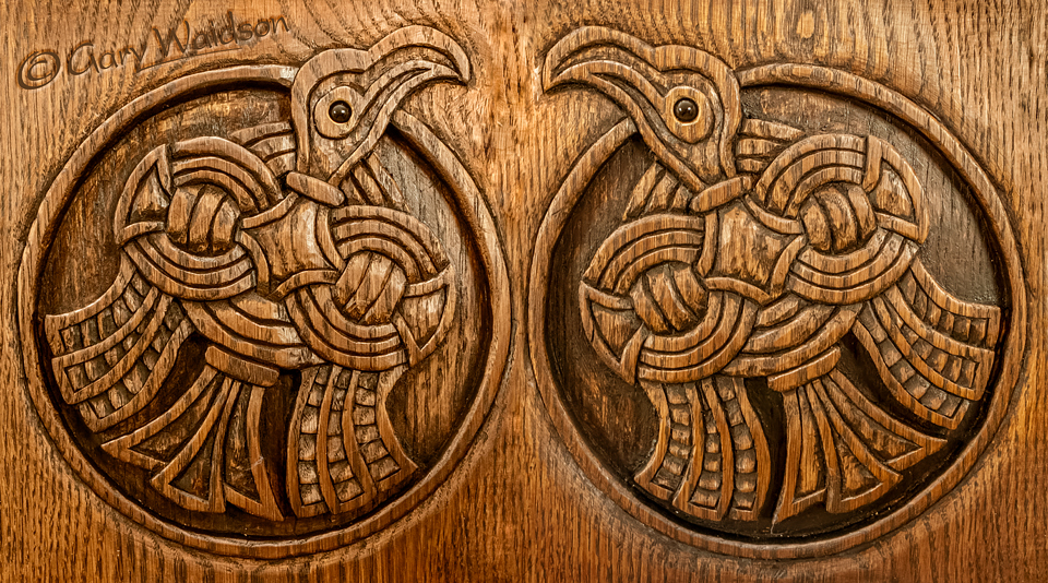 Huginn and Muninn panels seen side to side - The Hrafn Coffer - Image copyrighted  Gary Waidson. All rights reserved.