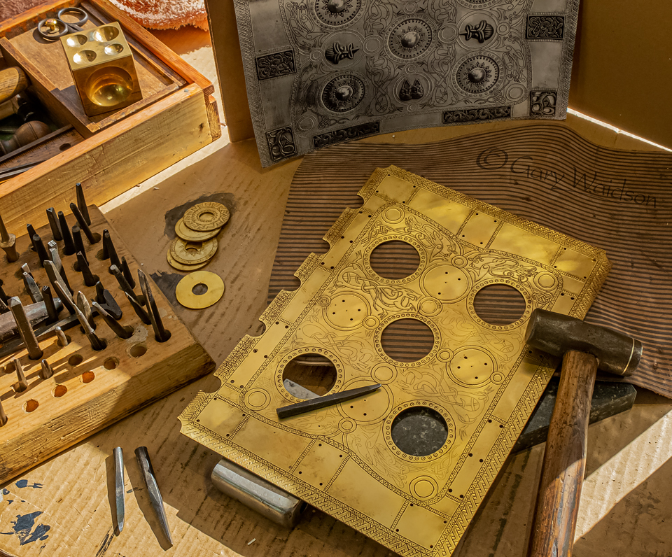 Work in progress on my workbench for the Beowulf "Manuscript" Treasure cover- Image copyrighted © Gary Waidson. All rights reserved.