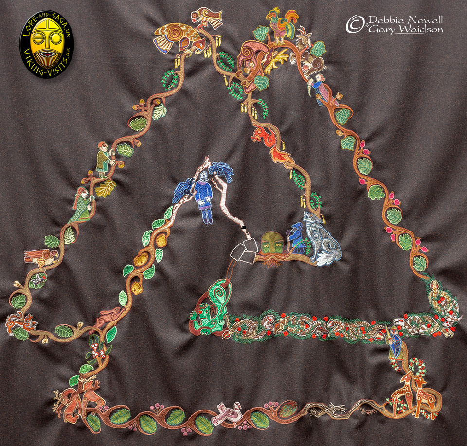 Norse Cloak of Myth. Embroidery of Valknut/Tree completed. - Image and design copyrighted © Gary Waidson/Debbie Newell. All rights reserved.