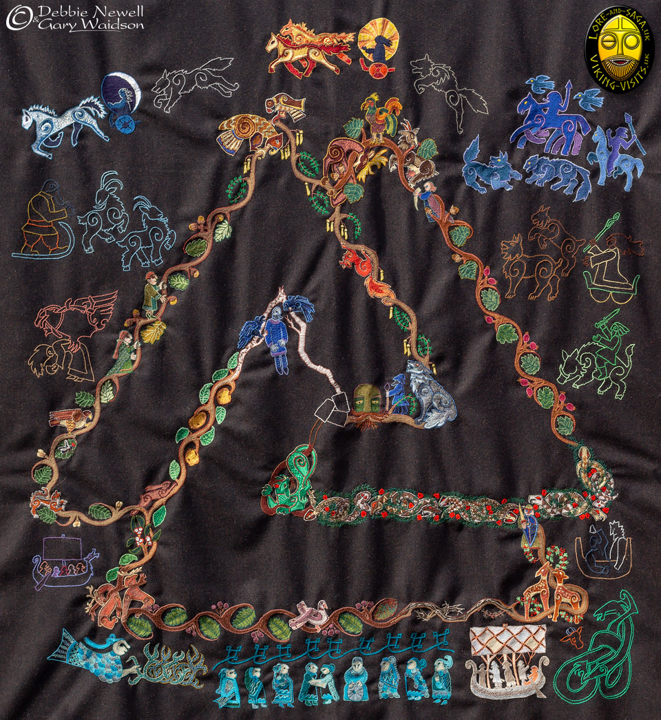 Norse Cloak of Myth. Embroidery of some of the celestial characters. - Image and design copyrighted © Gary Waidson/Debbie Newell. All rights reserved.
