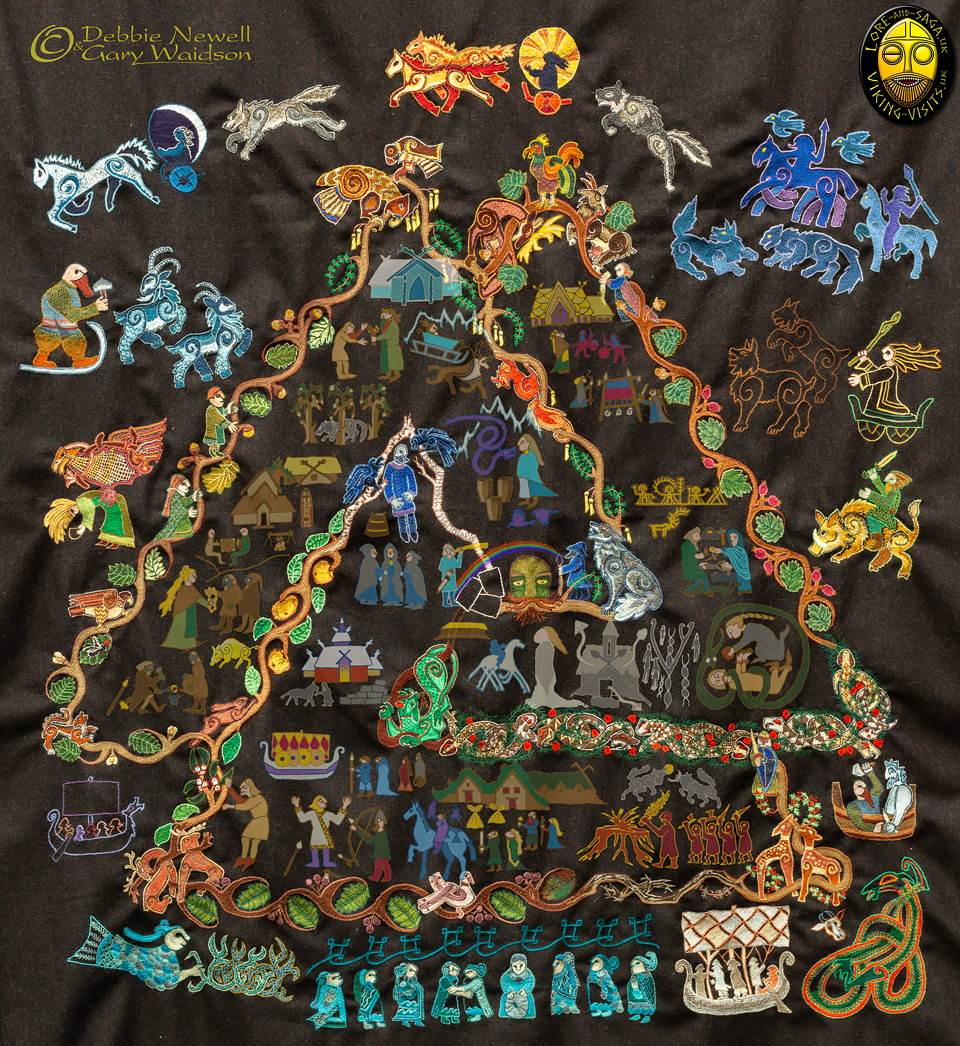 Norse Cloak of Myth. Embroidery of some of the celestial characters with concept art overlaid. - Image and design copyrighted © Gary Waidson/Debbie Newell. All rights reserved. Norse Cloak of Myth. Embroidery of some of the celestial characters with concept art overlaid. - Image and design copyrighted © Gary Waidson/Debbie Newell. All rights reserved.