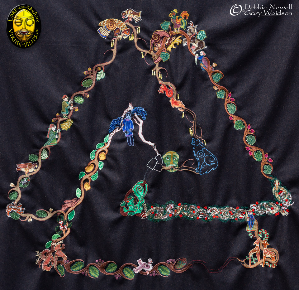 Norse Cloak of Myth. Embroidery of Valknut/Tree almost completed. - Image and design copyrighted © Gary Waidson/Debbie Newell. All rights reserved.